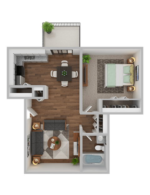 Floor plan for 1 bed, 1 bath, 658 sqft